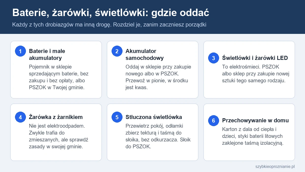 Infografika z sześcioma punktami: gdzie oddać baterie, akumulatory, świetlówki, żarówki LED i żarnikowe oraz co zrobić ze stłuczoną świetlówką