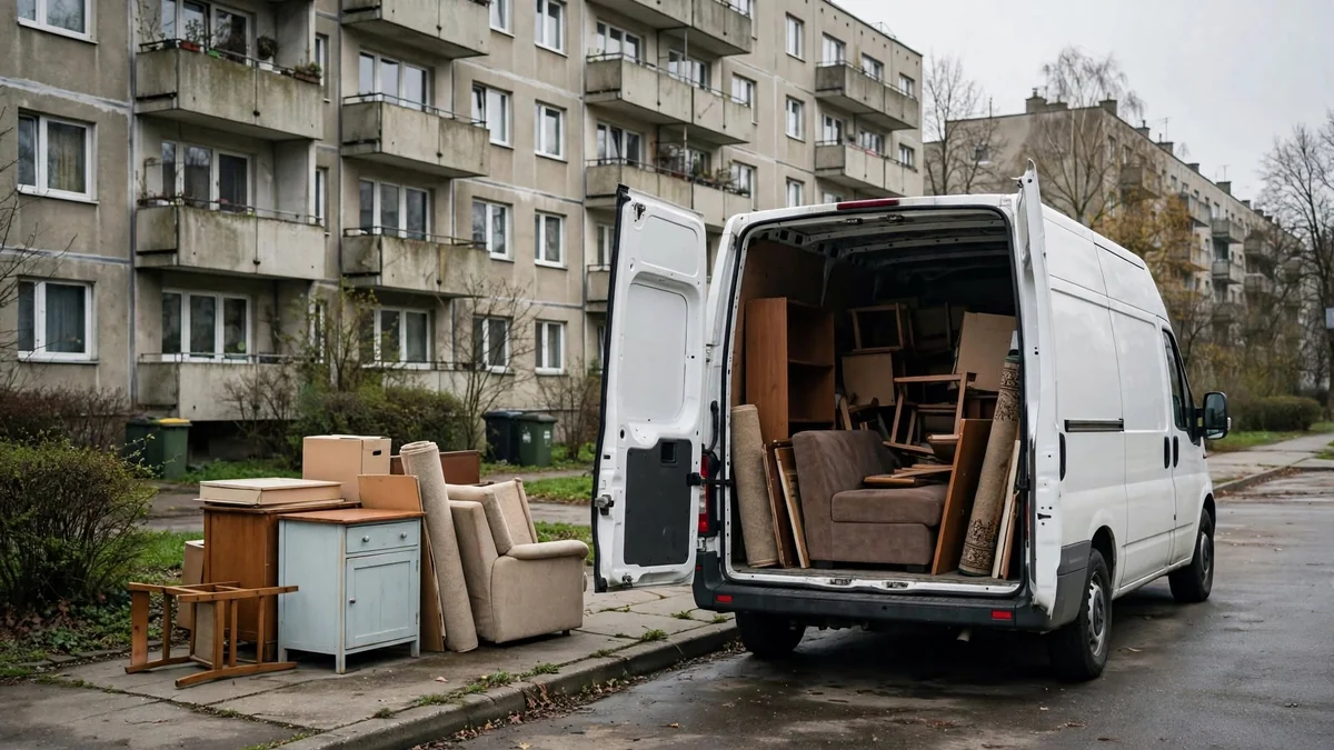 Dłonie mężczyzny oparte o kartkę z notatkami leżącą na blacie, w tle opróżnione mieszkanie