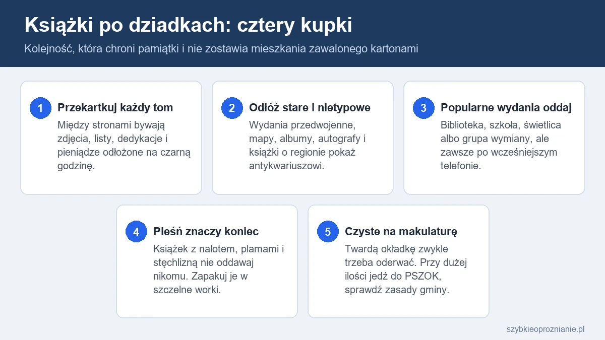 Infografika z pięcioma krokami porządkowania książek po dziadkach: przeglądanie, antykwariat, oddanie, pleśń i makulatura