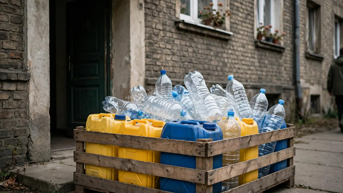 Kanistry i plastikowe butelki w drewnianej skrzyni przed kamienicą