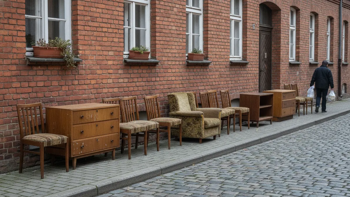 Stare krzesła, komoda i fotel ustawione w rzędzie pod ceglanym familokiem