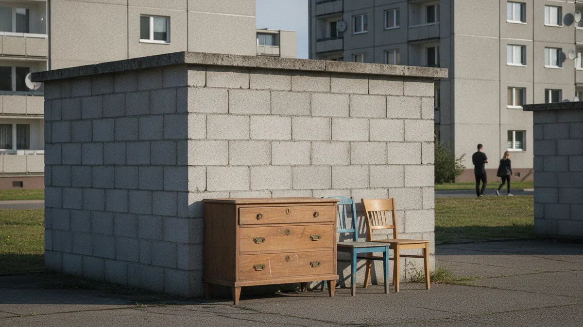 Stara komoda i dwa krzesła przy murowanej wiacie śmietnikowej na osiedlu z płyty