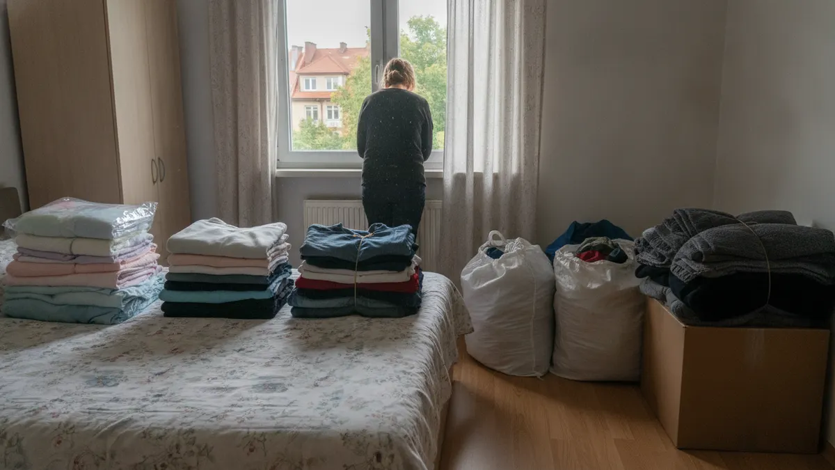 Ubrania i pościel złożone w stosy na łóżku, obok worki i karton do oddania