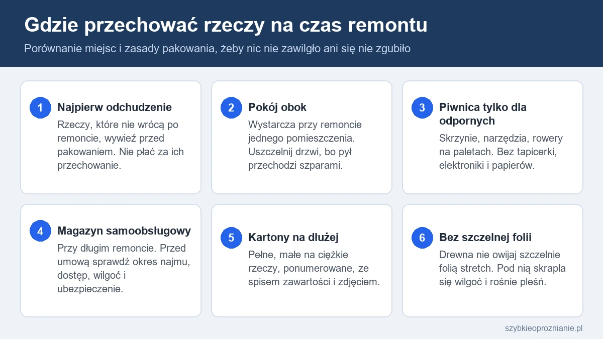 Infografika porównująca miejsca przechowania rzeczy podczas remontu i zasady pakowania kartonów na kilka tygodni