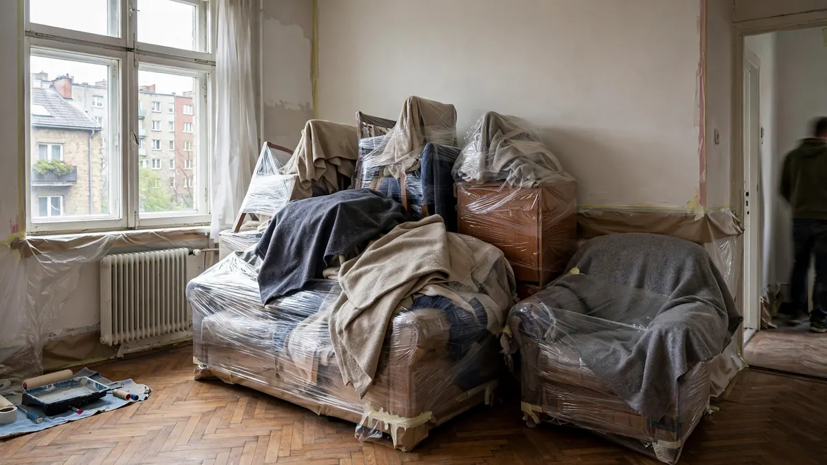 Kanapa i fotele owinięte folią i kocami na środku pokoju przed remontem