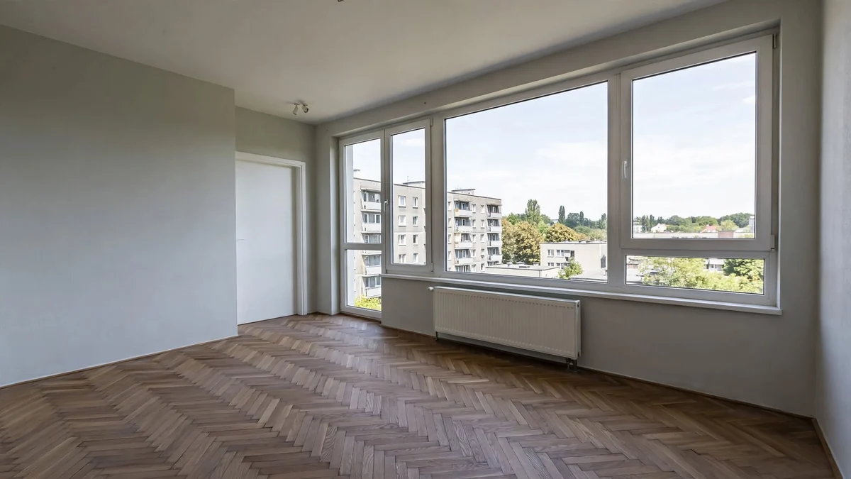 Pusty jasny pokój z parkietem w jodełkę i dużym oknem, z którego widać sąsiednie bloki
