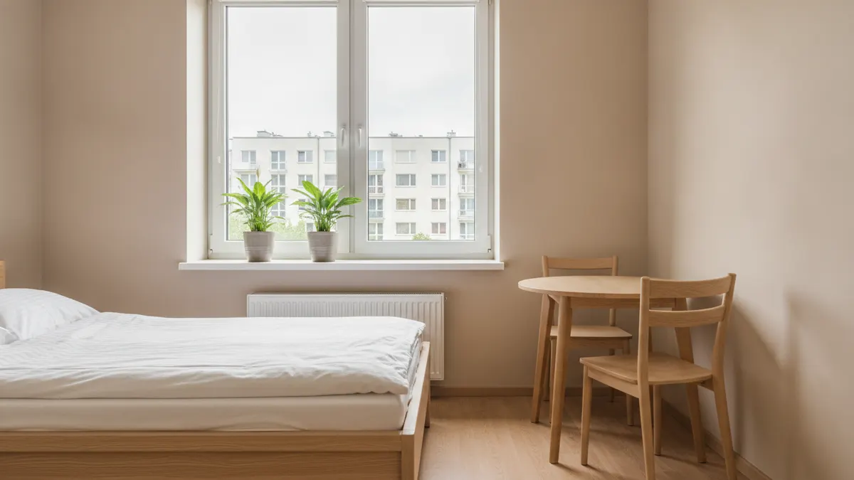 Czysty pokój w bloku z zaścielonym łóżkiem, stołem, dwoma krzesłami i roślinami na parapecie