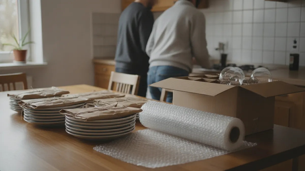 Talerze owinięte papierem, karton ze szkłem i rolka folii bąbelkowej na kuchennym stole