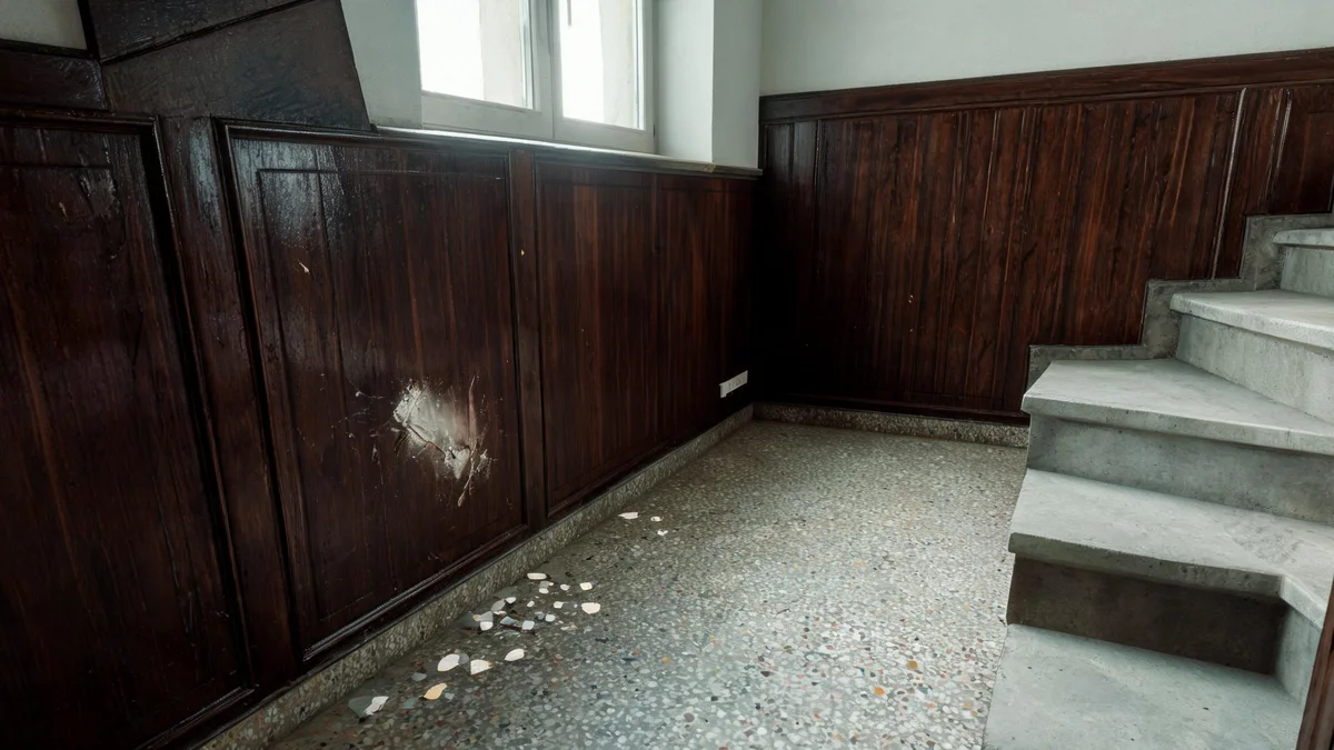 Świeże otarcie z odpryskami farby na ciemnej drewnianej boazerii, na lastrykowej podłodze leżą jasne okruchy