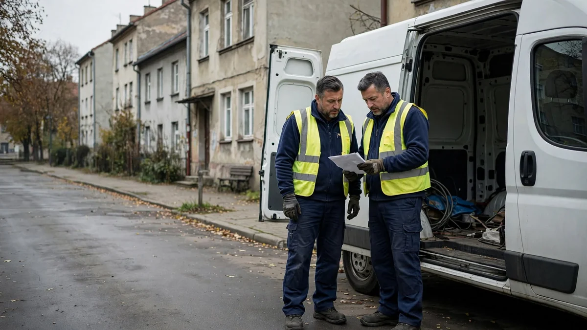 Dwóch pracowników w kamizelkach czyta dokument przy otwartym busie zaparkowanym pod kamienicą