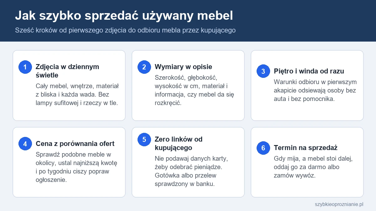 Infografika z sześcioma krokami sprzedaży używanego mebla: zdjęcia, wymiary, warunki odbioru, cena, bezpieczna płatność i termin