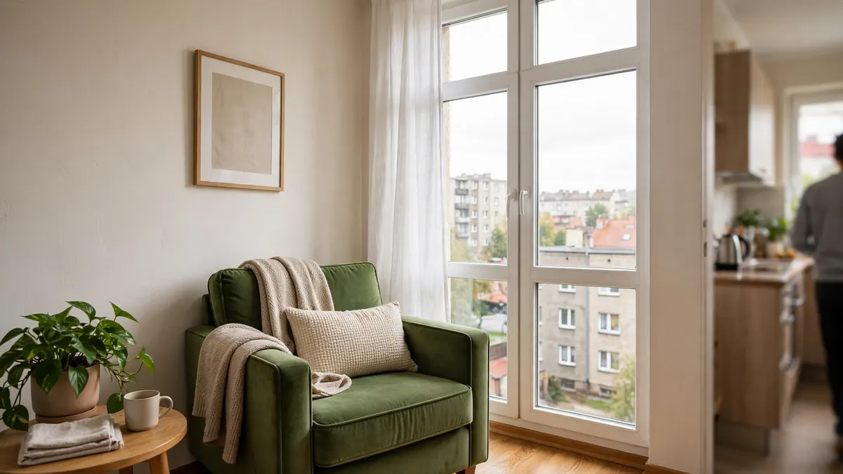Zielony fotel z poduszką przy oknie w dobrym dziennym świetle