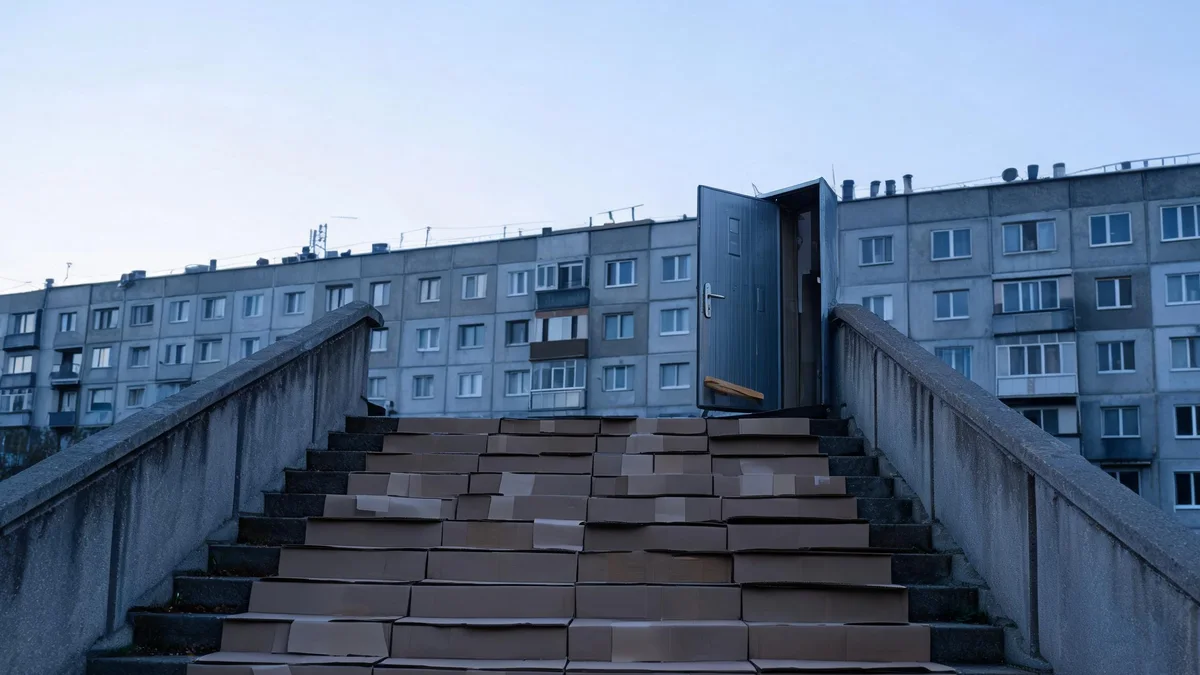 Kartony ustawione rzędami na betonowych schodach, na szczycie otwarte drzwi, w tle bloki