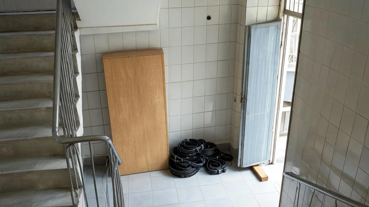 Podest klatki schodowej w białych kafelkach, oparty o ścianę jasny front szafy i zwinięte czarne pasy transportowe na podłodze