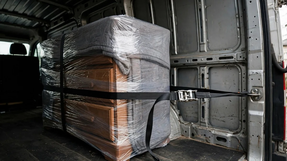 Dłonie w roboczych rękawicach owijają drewnianą komodę folią stretch, obok leży koc transportowy
