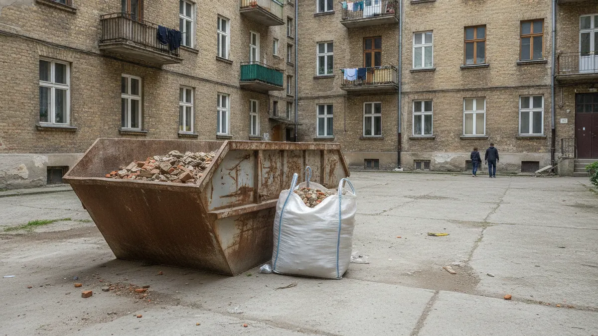 Stalowy kontener z gruzem i biały worek big bag na podwórku kamienicy