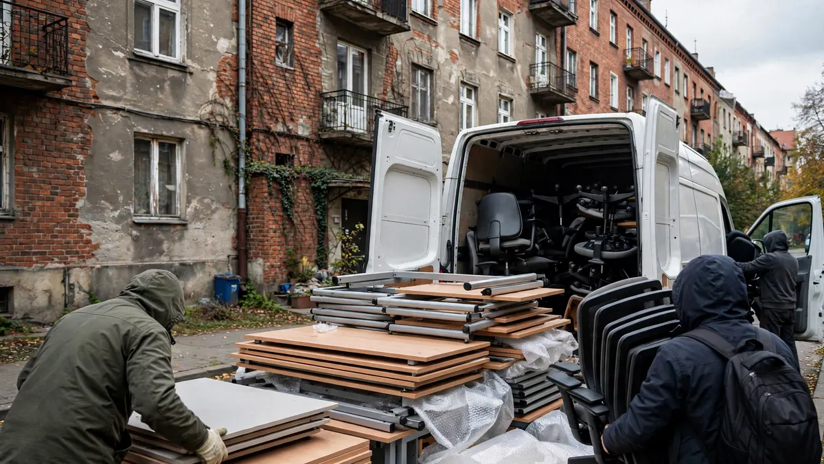 Rozkręcone biurka i krzesła biurowe ładowane do busa pod budynkiem