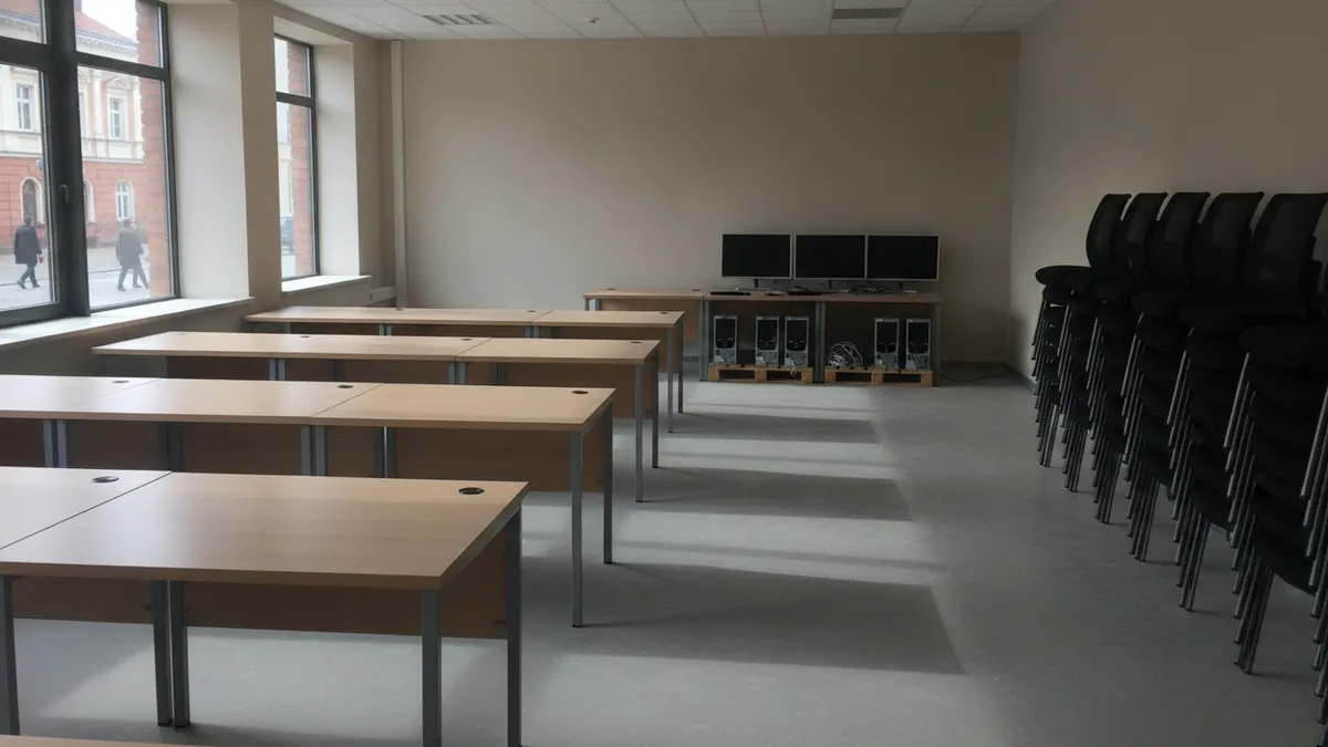 Pusty pokój biurowy z rzędem biurek, pod ścianą monitory, z boku sztaplowane krzesła