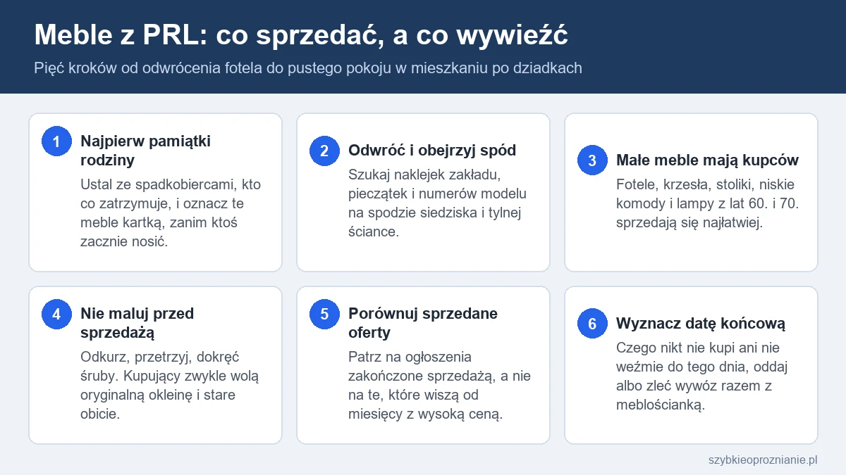 Infografika z sześcioma krokami: pamiątki rodzinne, oznaczenia na spodzie mebla, sprzedaż małych mebli z PRL i wywóz reszty
