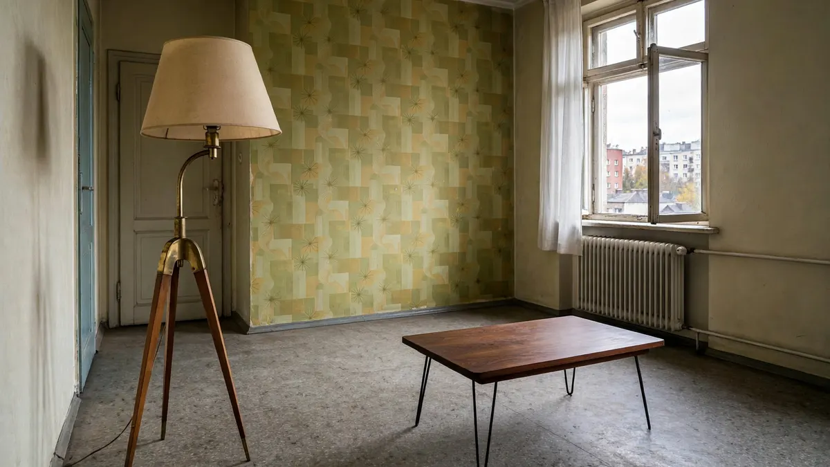 Lampa podłogowa na trójnogu i niski stolik na cienkich nóżkach w pustym pokoju