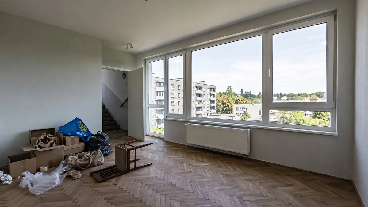 Porzucone kartony, worki i przewrócony stolik na podłodze opuszczonego pokoju z widokiem na bloki