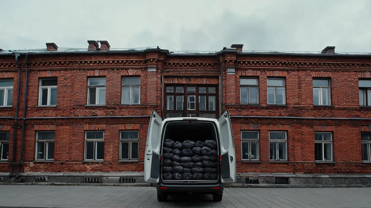 Bus z otwartymi drzwiami wypełniony czarnymi workami, zaparkowany przy ceglanej kamienicy