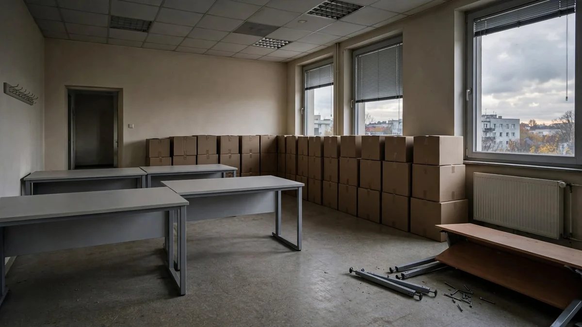 Opróżniane biuro z rzędem kartonów pod ścianą, przesuniętymi biurkami i rozkręconym stołem