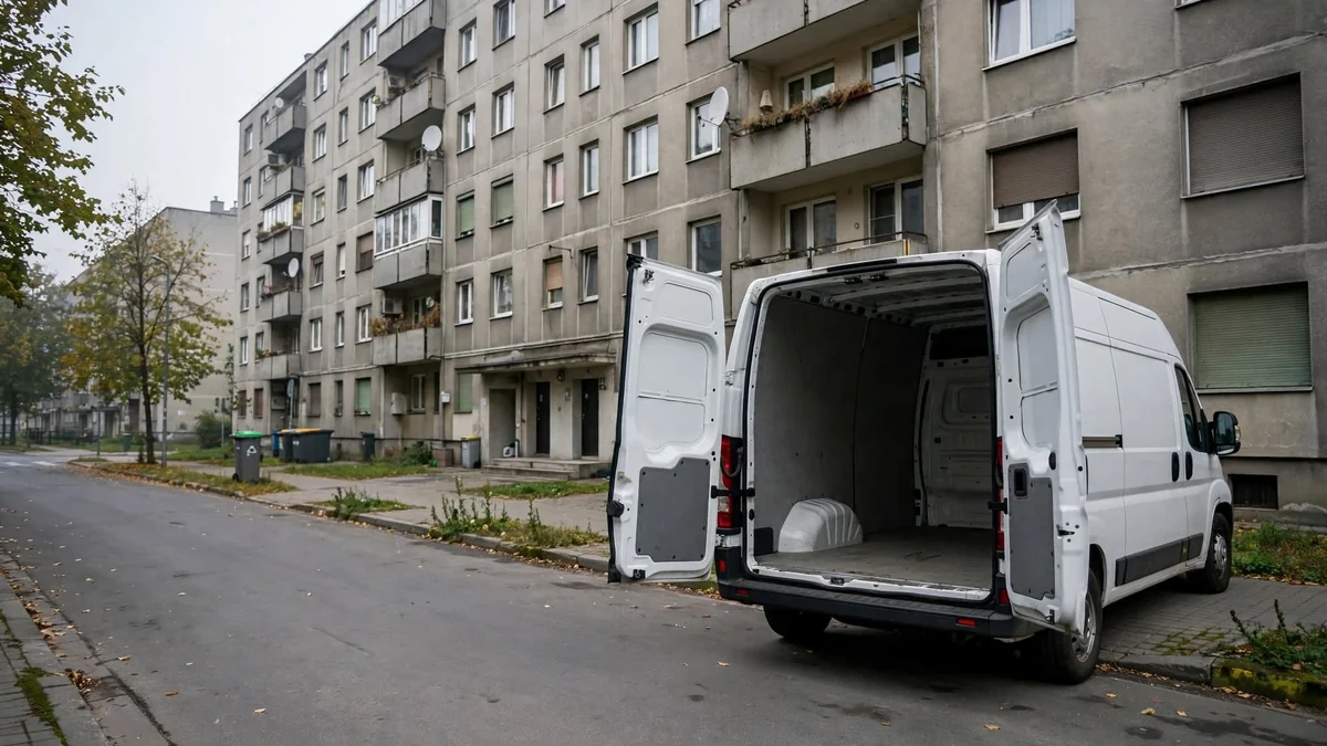 Pusty bus z otwartymi tylnymi drzwiami zaparkowany przed blokiem na wyludnionej weekendowej ulicy
