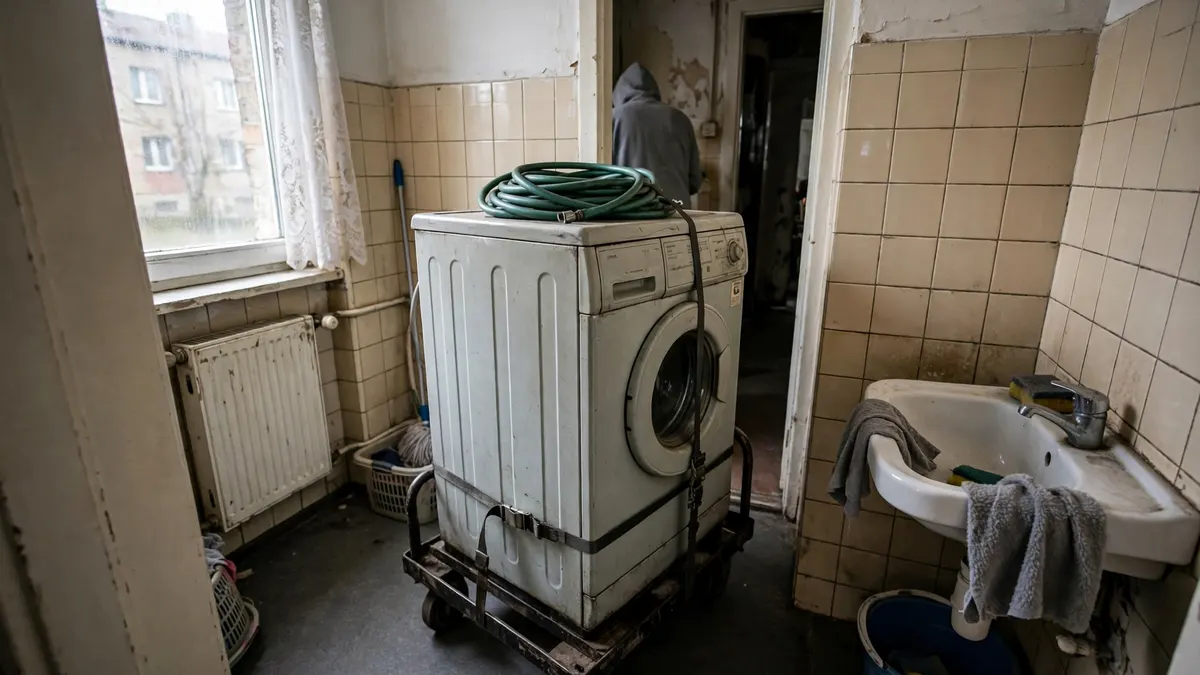Stara pralka na wózku transportowym w ciasnej łazience, wąż zwinięty na górze