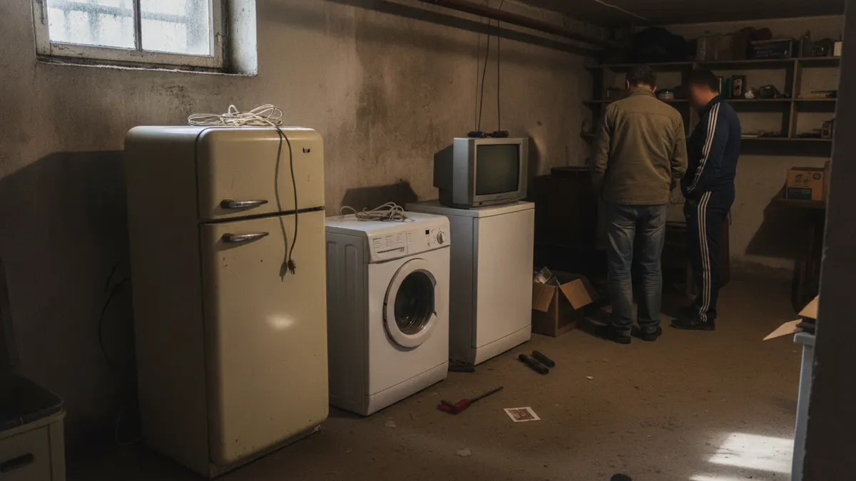 Stara lodówka, pralka i telewizor kineskopowy ustawione obok siebie w piwnicy