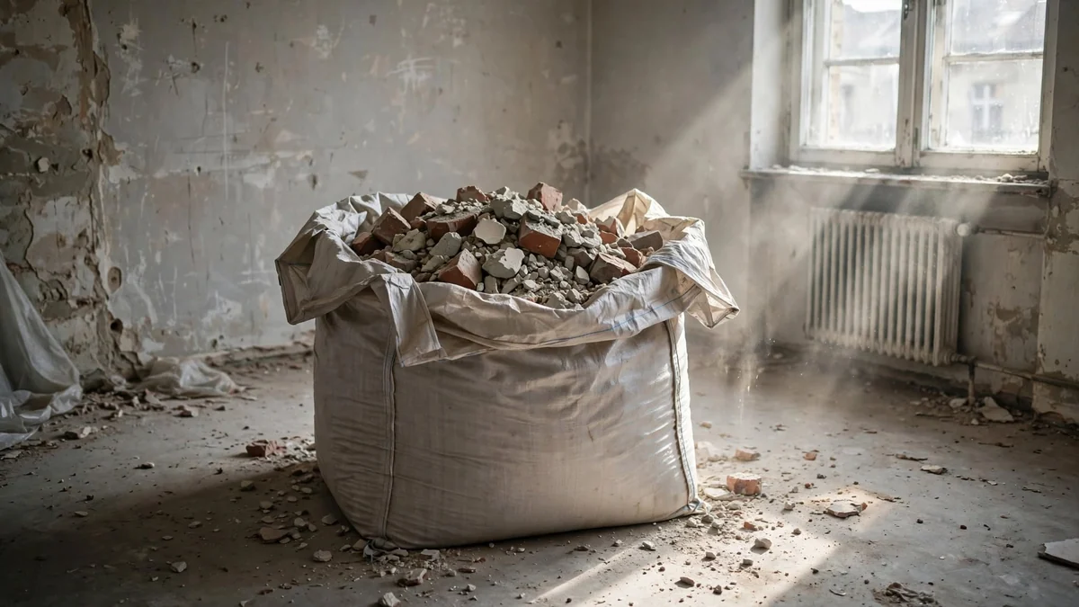 Biały worek big bag wypełniony do połowy potłuczoną cegłą i kawałkami tynku, stojący pośrodku remontowanego pokoju