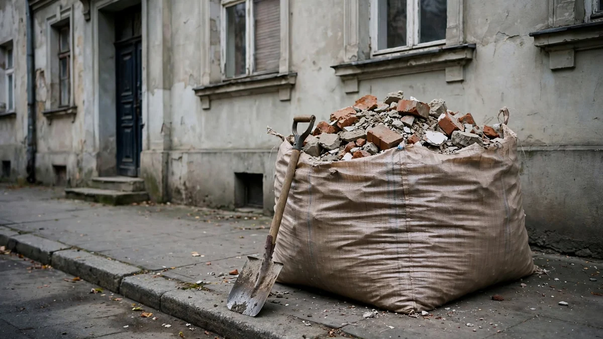 Big bag pełen gruzu ceglanego stoi na chodniku przy kamienicy, oparta o niego łopata