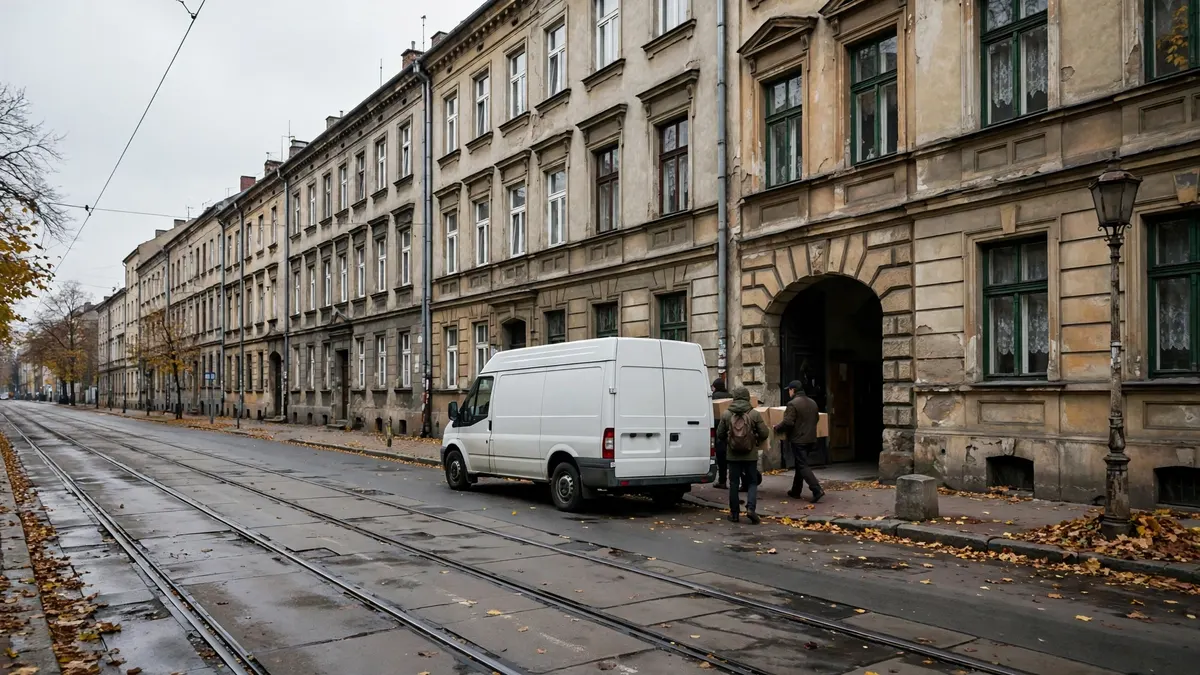 Bus zaparkowany przed bramą starej kamienicy przy ulicy z torowiskiem tramwajowym