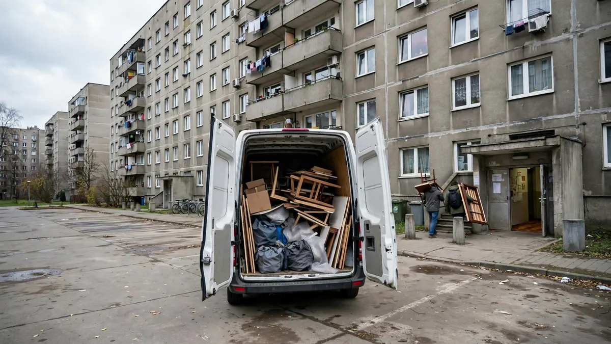 Otwarty bus pełen worków i rozkręconych mebli przed klatką bloku z wielkiej płyty