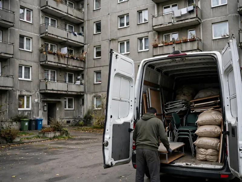 Załadunek busa pod blokiem: worki, krzesła i rozkręcony regał w skrzyni