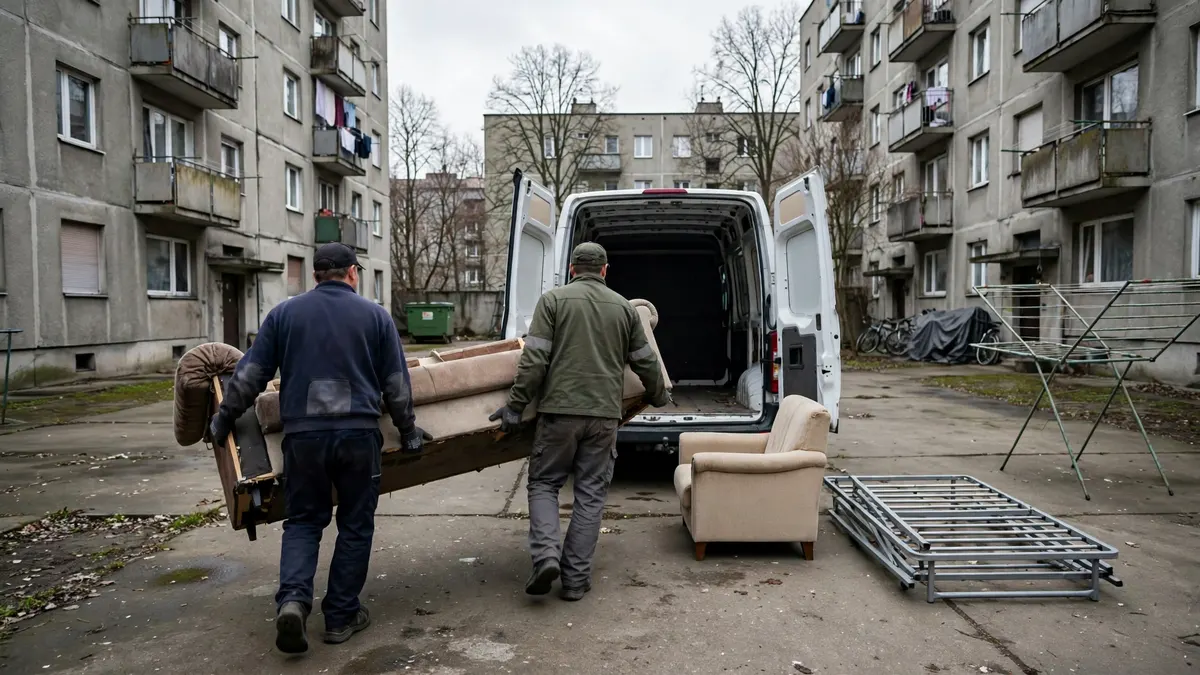 Pracownicy ładują rozkręcony tapczan do busa, obok czekają fotel i stelaż łóżka