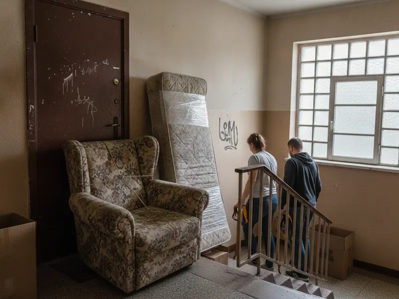 Fotel i stary materac przy drzwiach mieszkania na klatce schodowej