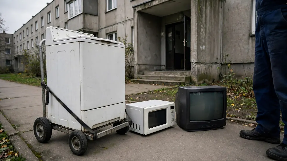 Stara pralka na wózku transportowym, obok mikrofalówka i telewizor kineskopowy przed blokiem