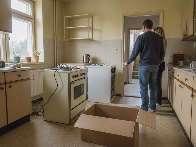 Stara kuchenka i zmywarka odsunięte od ściany w kuchni w bloku, gotowe do wyniesienia