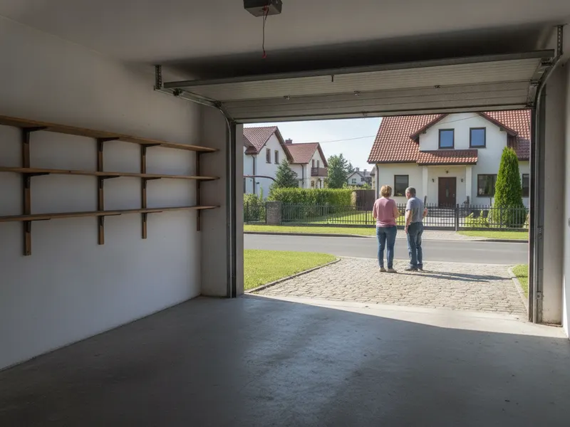 Pusty, zamieciony garaż z drewnianymi półkami na ścianie i otwartą bramą
