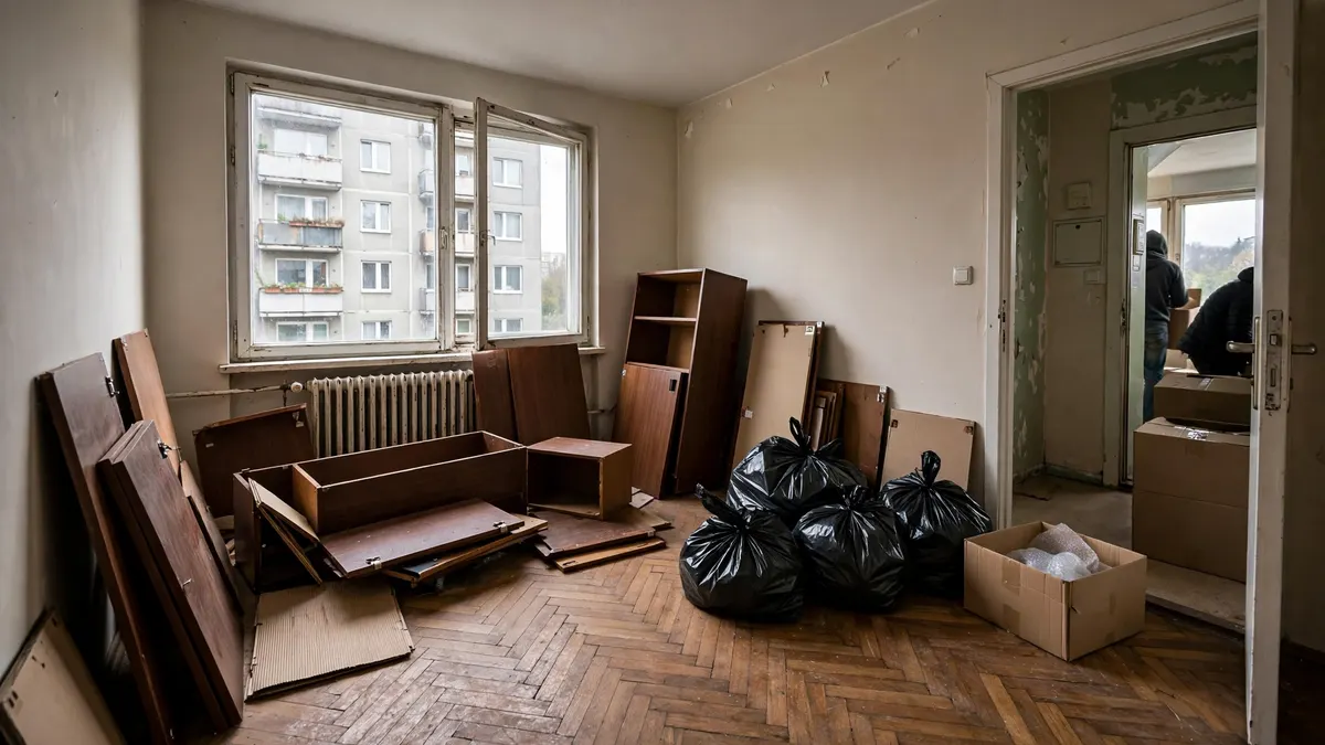 Pokój w bloku w trakcie opróżniania: rozkręcona meblościanka, worki i kartony na podłodze
