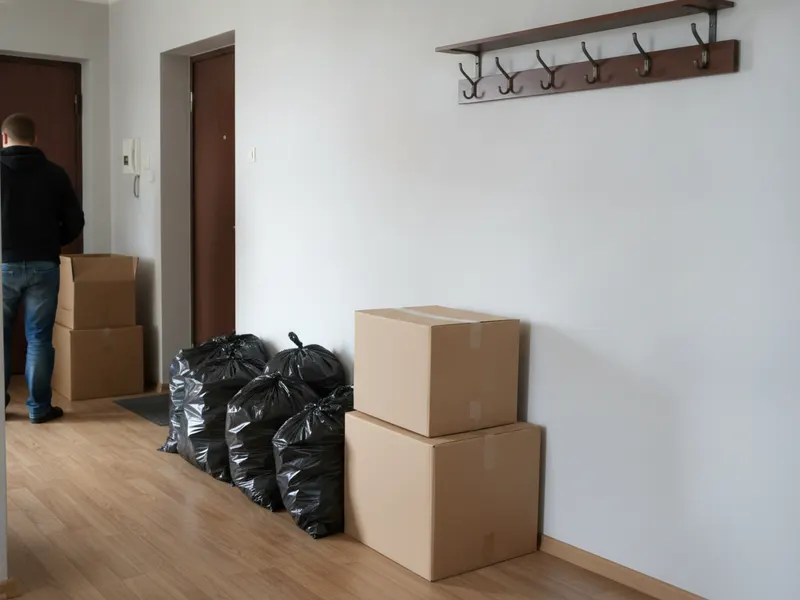Przedpokój w bloku: czarne worki i kartony przy drzwiach, pusty wieszak na ścianie