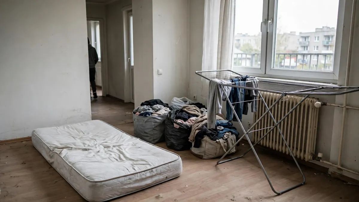 Mieszkanie po najemcy z zostawionym materacem, workami i suszarką