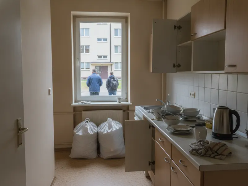 Kuchnia po wyprowadzce najemcy: naczynia i czajnik na blacie, dwa worki pod oknem