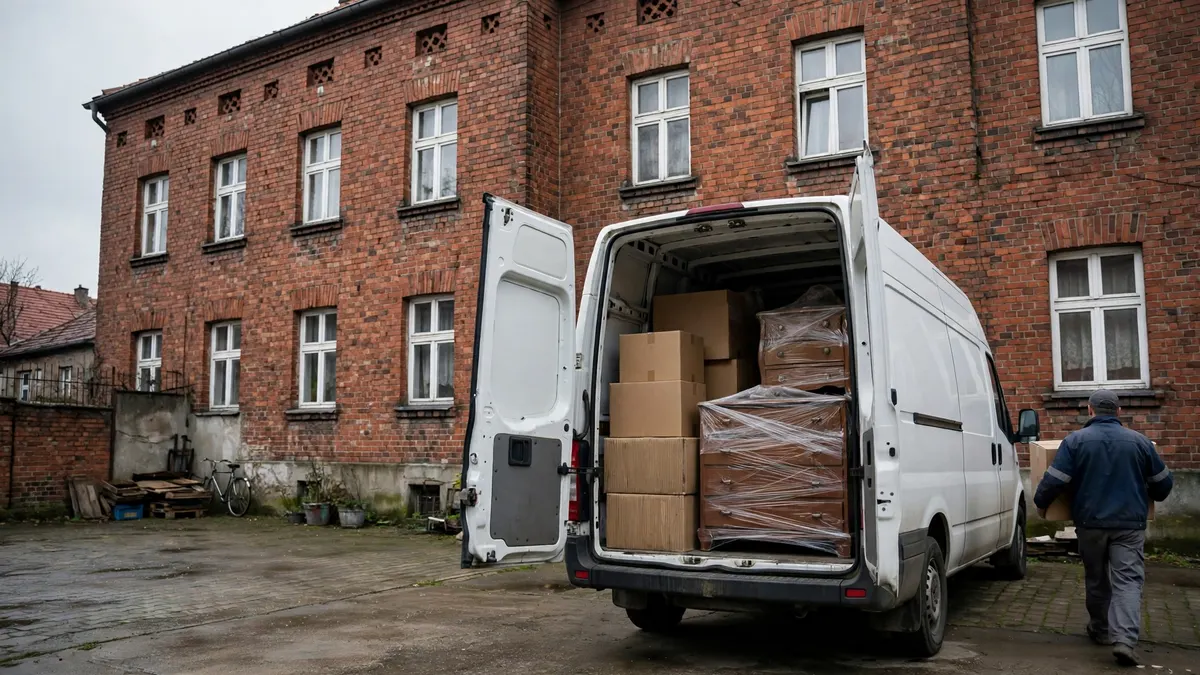 Bus z kartonami i owiniętą komodą przed ceglanym familokiem podczas przeprowadzki