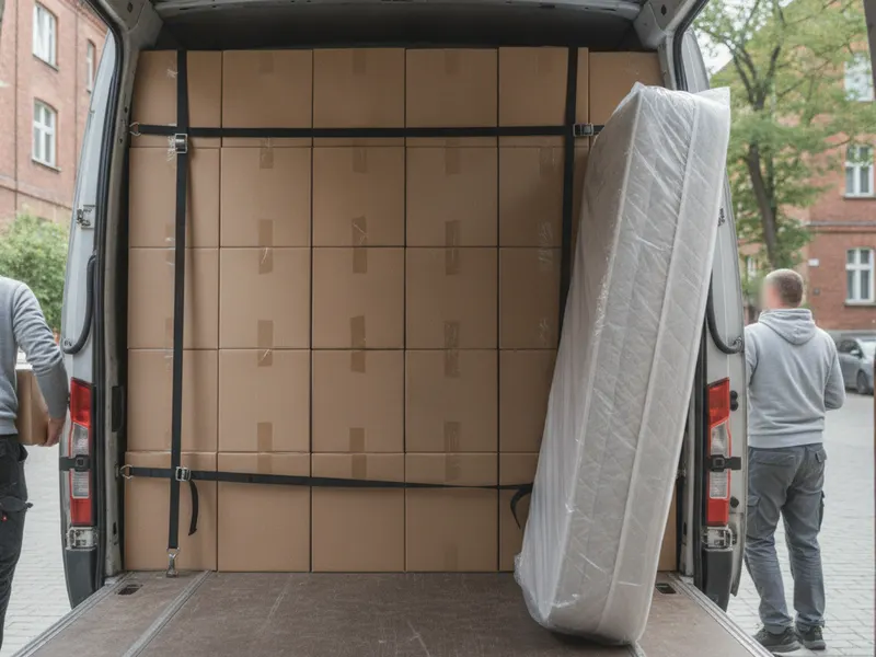Wnętrze busa z kartonami ułożonymi pod sufit i przypiętymi pasami, z boku materac w folii