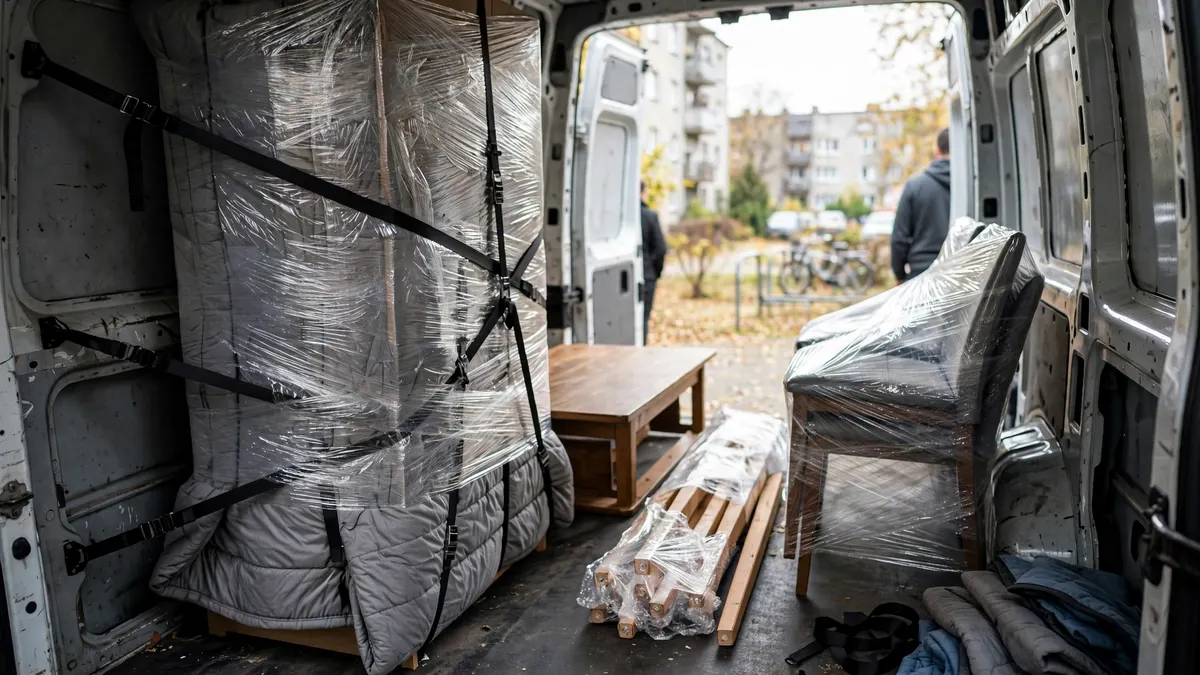 Szafa owinięta folią i kocami przypięta pasami w busie, obok stół i krzesła