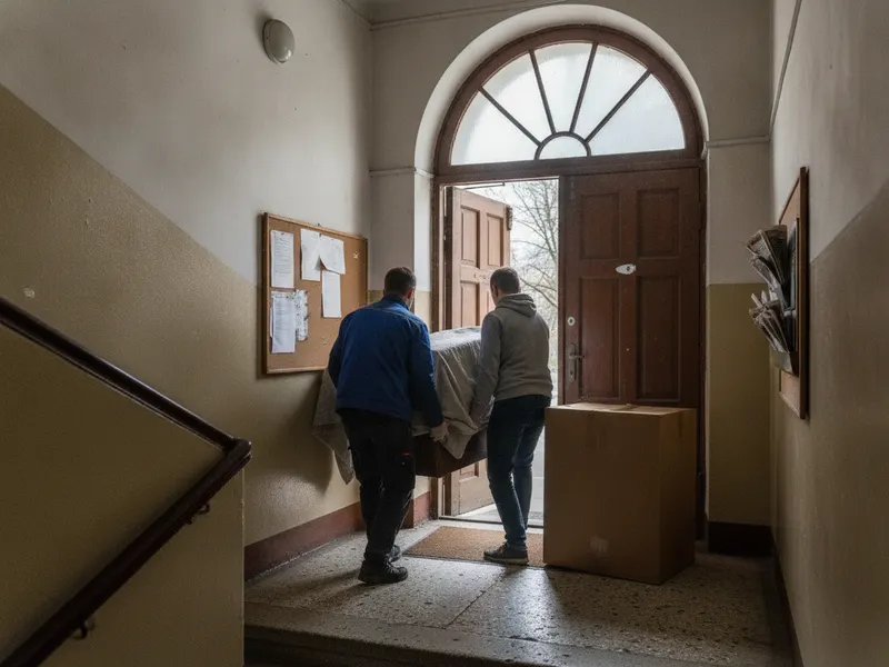 Dwóch pracowników wnosi owiniętą kocem komodę przez drzwi klatki schodowej