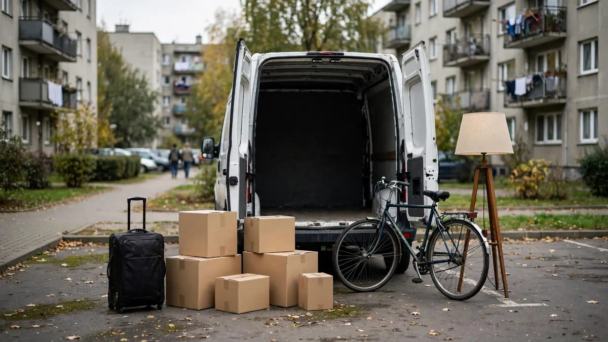 Kartony, walizka, rower i lampa przy otwartym busie na parkingu osiedlowym