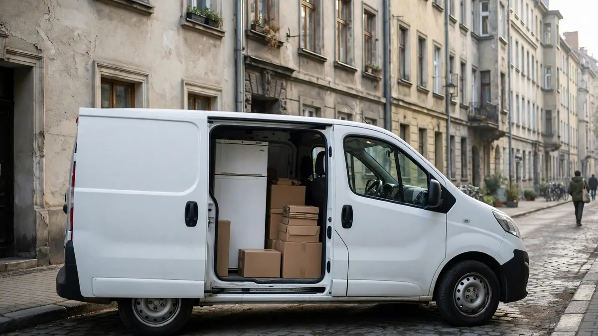 Mały bus z lodówką i kartonami na ulicy z kamienicami